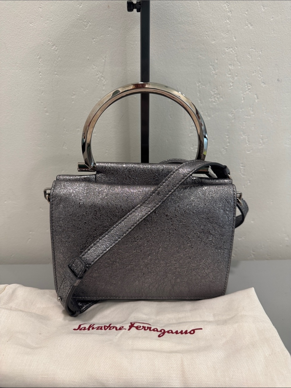 Salvatore Ferragamo Gunmetal Metallic Top-Handle Crossbody Bag